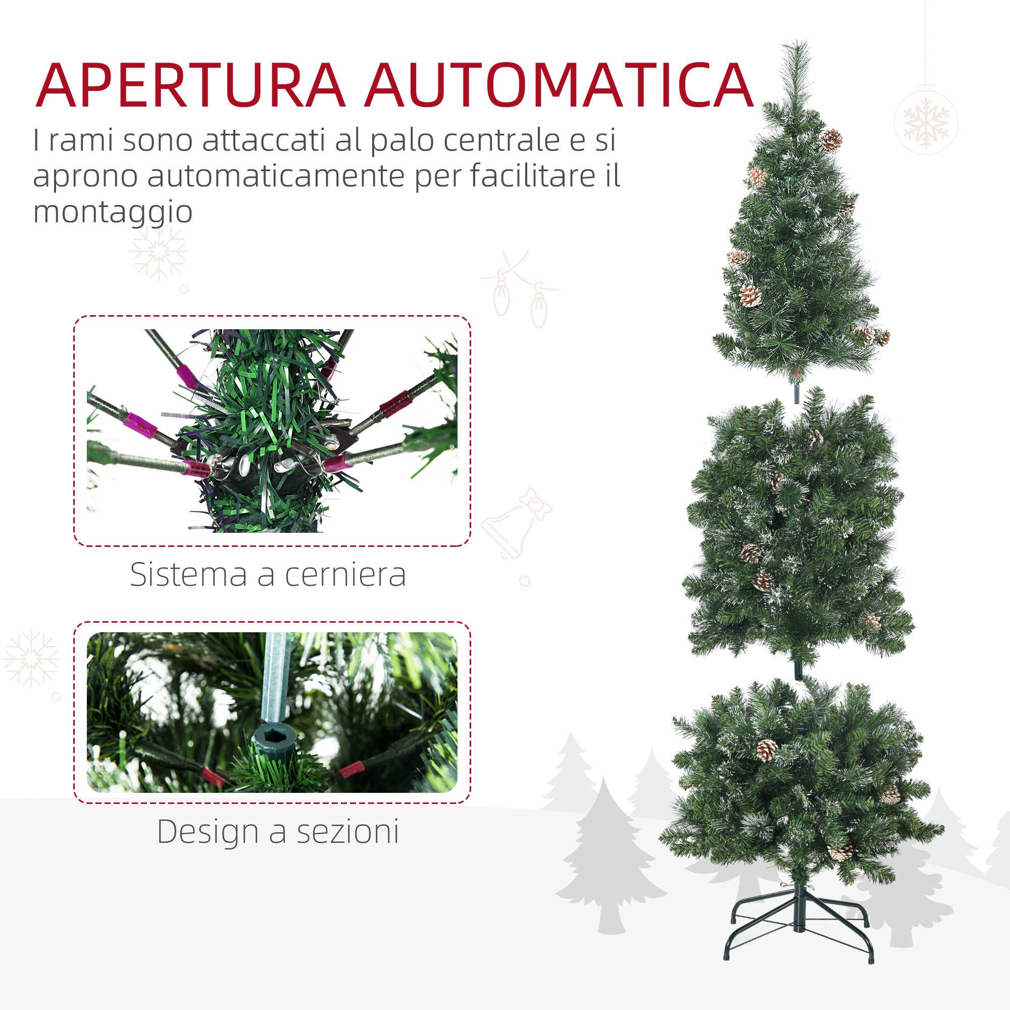 EasyComfort Albero di Natale Artificiale da 180cm con Pigne, 618 Rami e Base in Metallo, Verde