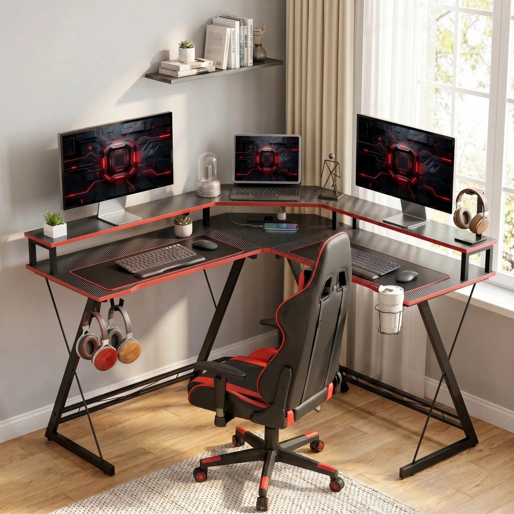 Scrivania da Gaming Angolare 128x128x88 cm con Supporto Monitor Gancio Cuffie e Portabicchieri Nero
