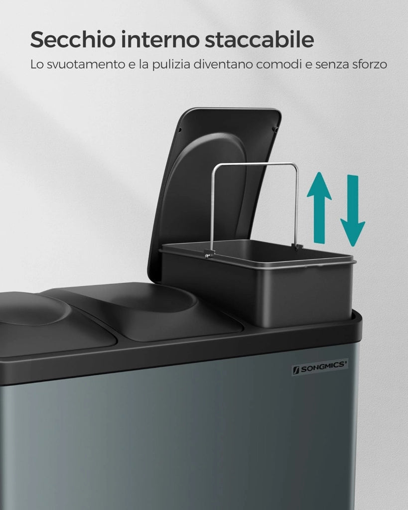 SONGMICS Cestino da Cucina, Pattumiera per Riciclaggio, Pattumiera Tripla a Pedale, in Metallo da 45 Litri, per Raccolta Differenziata, 3 x 15L, con Coperchio, Acciaio, Grigio Verdastro LTB45G