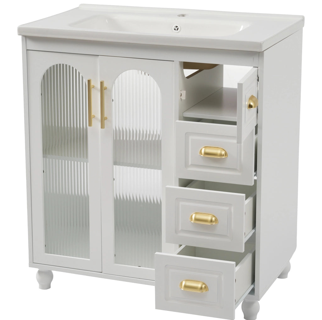 Mobile bagno con lavabo 80 cm, 2 ante, 3 cassetti, MDF, bianco