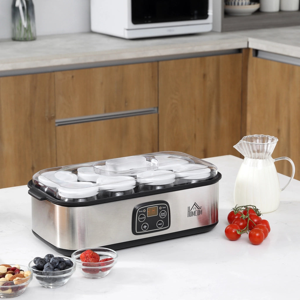 EasyComfort Yogurtiera Elettrica 25W con 8 Vasetti Inclusi, Timer 1-48 Ore e Temperatura Regolabile 20-50°C, 36x18.8x14cm, Argento