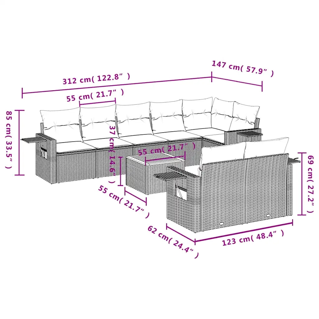 Set Divani da Giardino 9 pz con Cuscini Grigio in Polyrattan 3224654