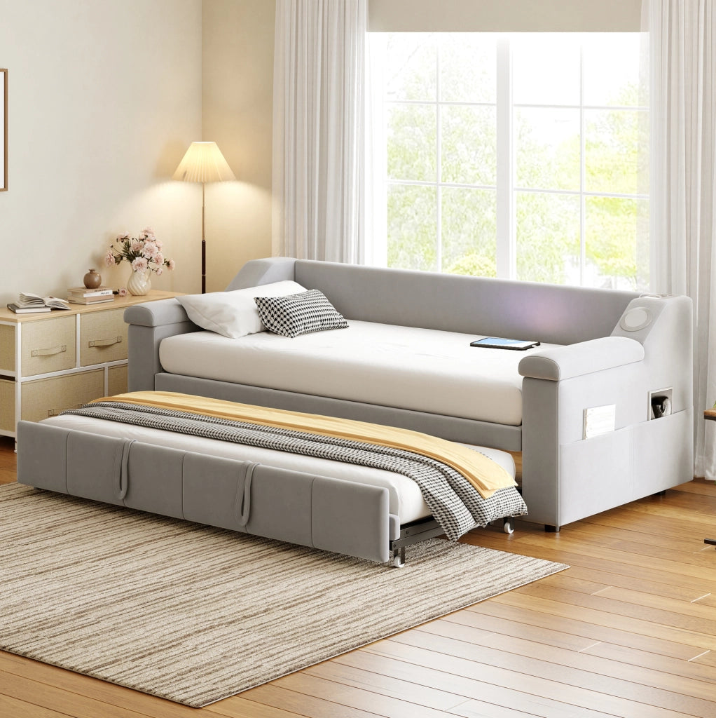 Divano letto multifunzionale 90/180x190 cm in velluto grigio con USB; Bluetooth e contenitori