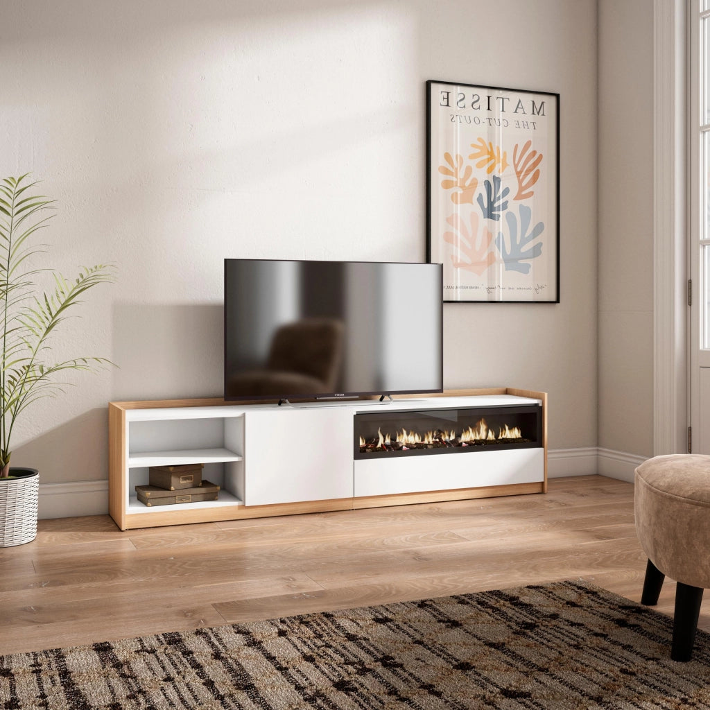 Mobile TV Soggiorno, 207x50x37 cm, Per TV fino a 80", Camino elettrico, Bianco e Rovere soft