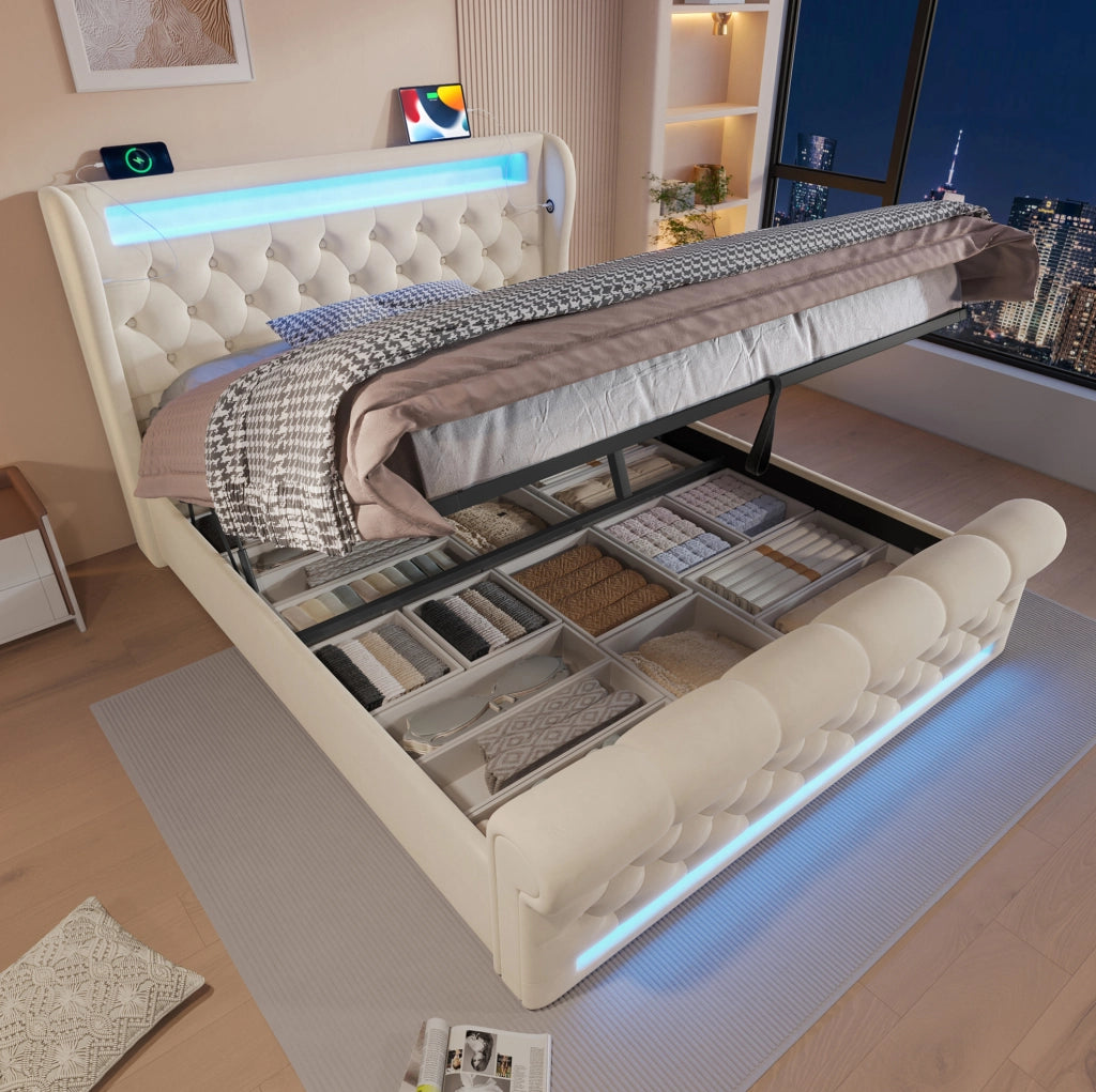 Letto imbottito matrimoniale 140x200 cm in velluto beige con LED; USB e Type-C; contenitore idraulico