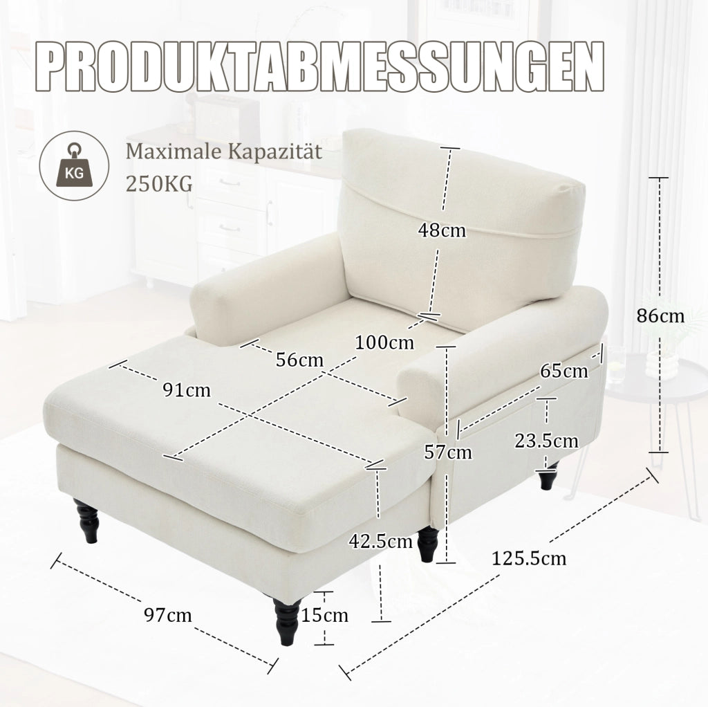 Poltrona 125.5x97x86 cm con seduta ampia e tasche laterali in chenille beige