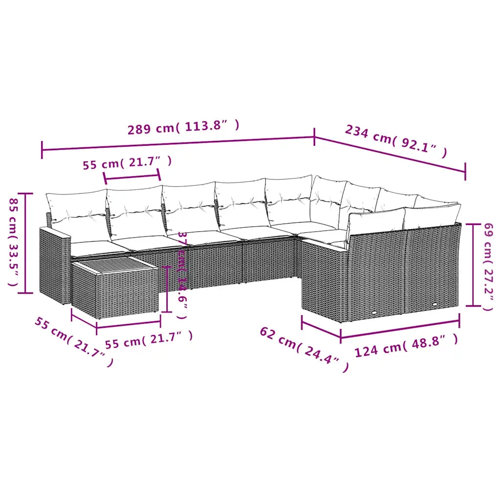 Set Divani da Giardino 10 pz con Cuscini Grigio in Polyrattan 3226320