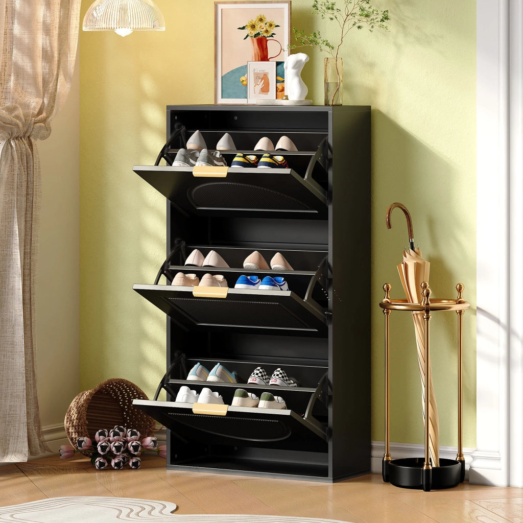 OKWISH Scarpiera Streta con 3 Ante a Ribalta e Sistema Antiribaltamento, per Ingresso o Corridoio, 60 x 24 x 114 cm, Nero
