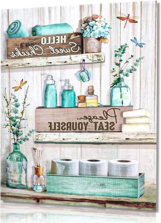 Decorazione per la stanza da bagno in stile rustico con tela canvas e stampa di fiori e libellule, formato A3