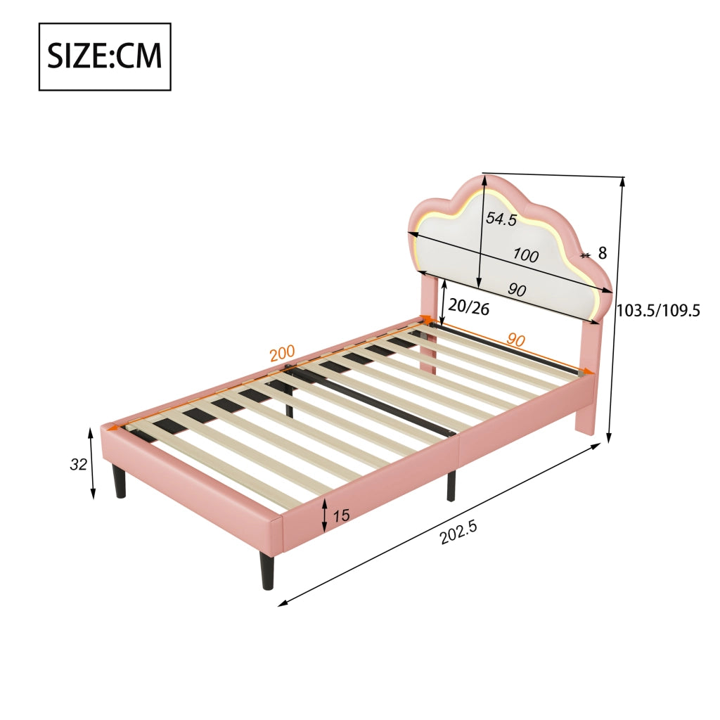 Letto per bambini 90x200cm con testiera a nuvola regolabile, rivestimento ecopelle rosa, luci RGB LED, telecomando e app, struttura robusta per camera da letto