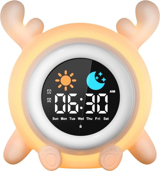 Wekker per fasi di crescita per bambini con 2 allarmi per giorno/notte, 12/24 ore/snooze, illuminazione schermo regolabile e 7 allarmi luminosi colorati