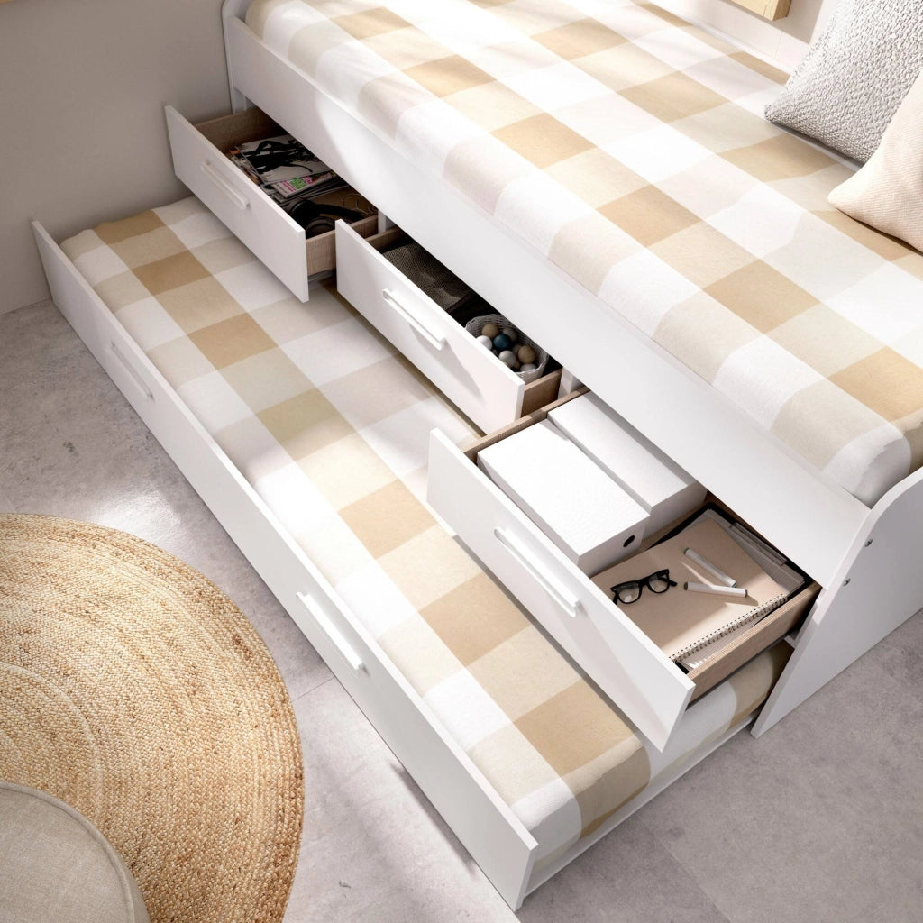 Letto per bambini Aftro, Struttura con secondo lettino estraibile, Letto singolo per cameretta con 3 cassettoni, 194x95h68 cm, Bianco