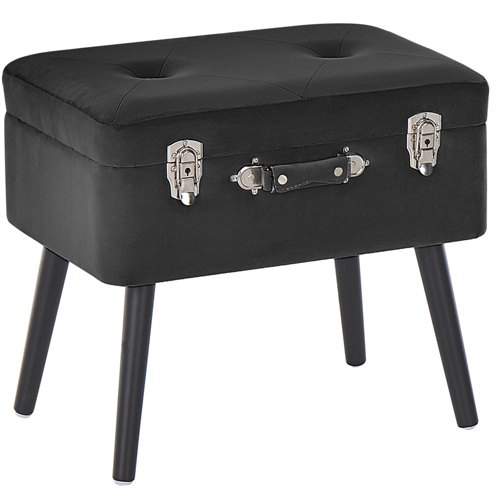 Comodino Sgabello Contenitore gambe nere imbottite in velluto Nero design a valigia con bottoni