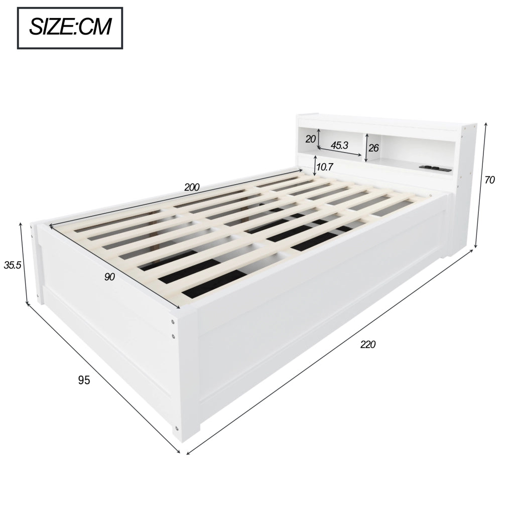 DESMIU Lit contenitore 90 × 200 cm 1 posto con presa, LED, vano idraulico, senza materasso, bianco