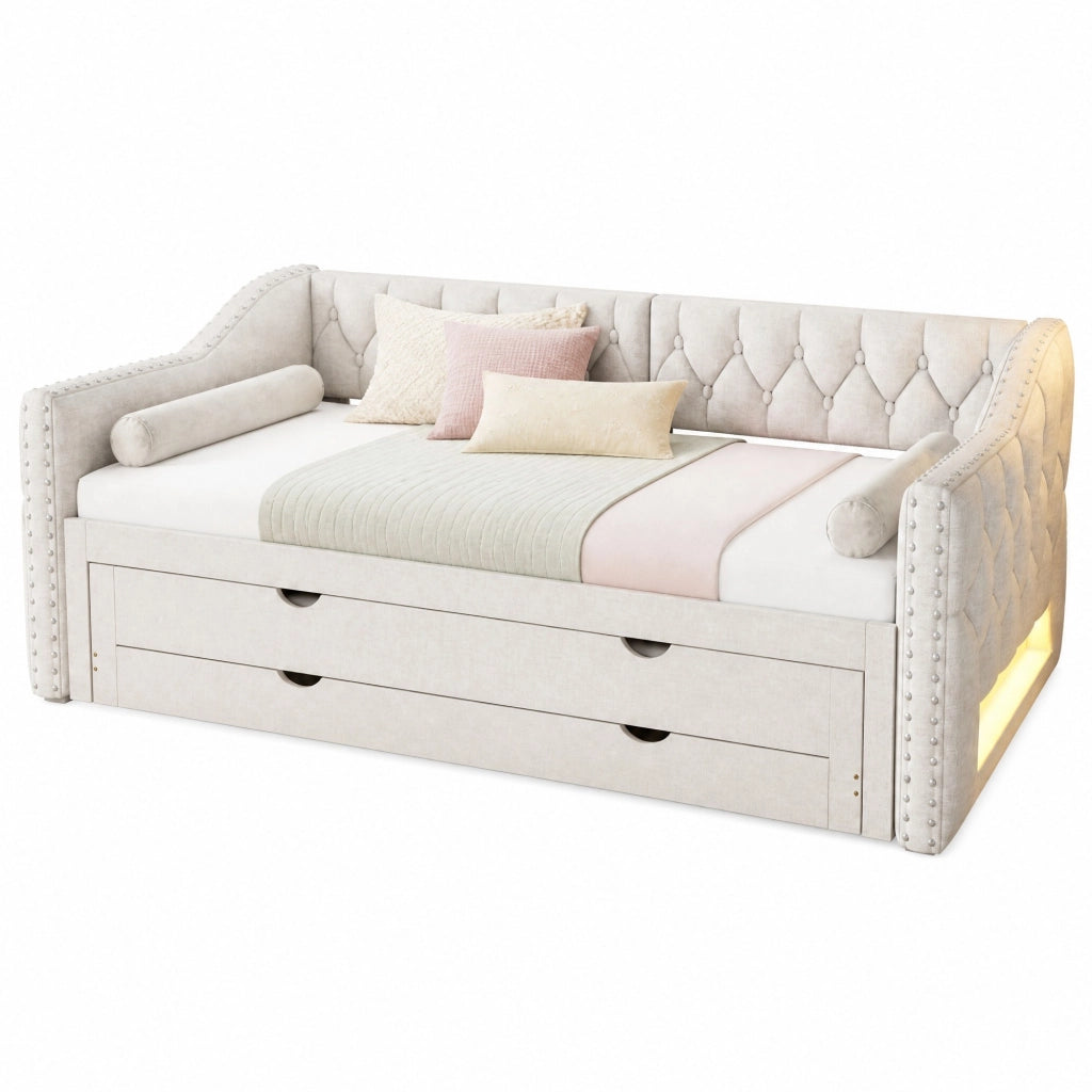 Letto da giorno imbottito 90x200 cm con LED; letto estraibile e tre cassetti; beige