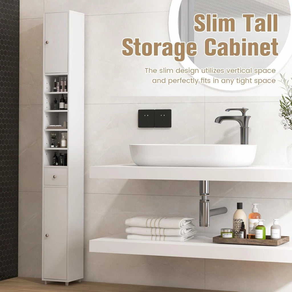 Armadio da Bagno Sottile e Alto con Ante, Mobiletto Bagno Salvaspazio Cassetto e Ripiani Regolabili, Design Moderno, 20 x 20 x 180 cm, 4 Colori