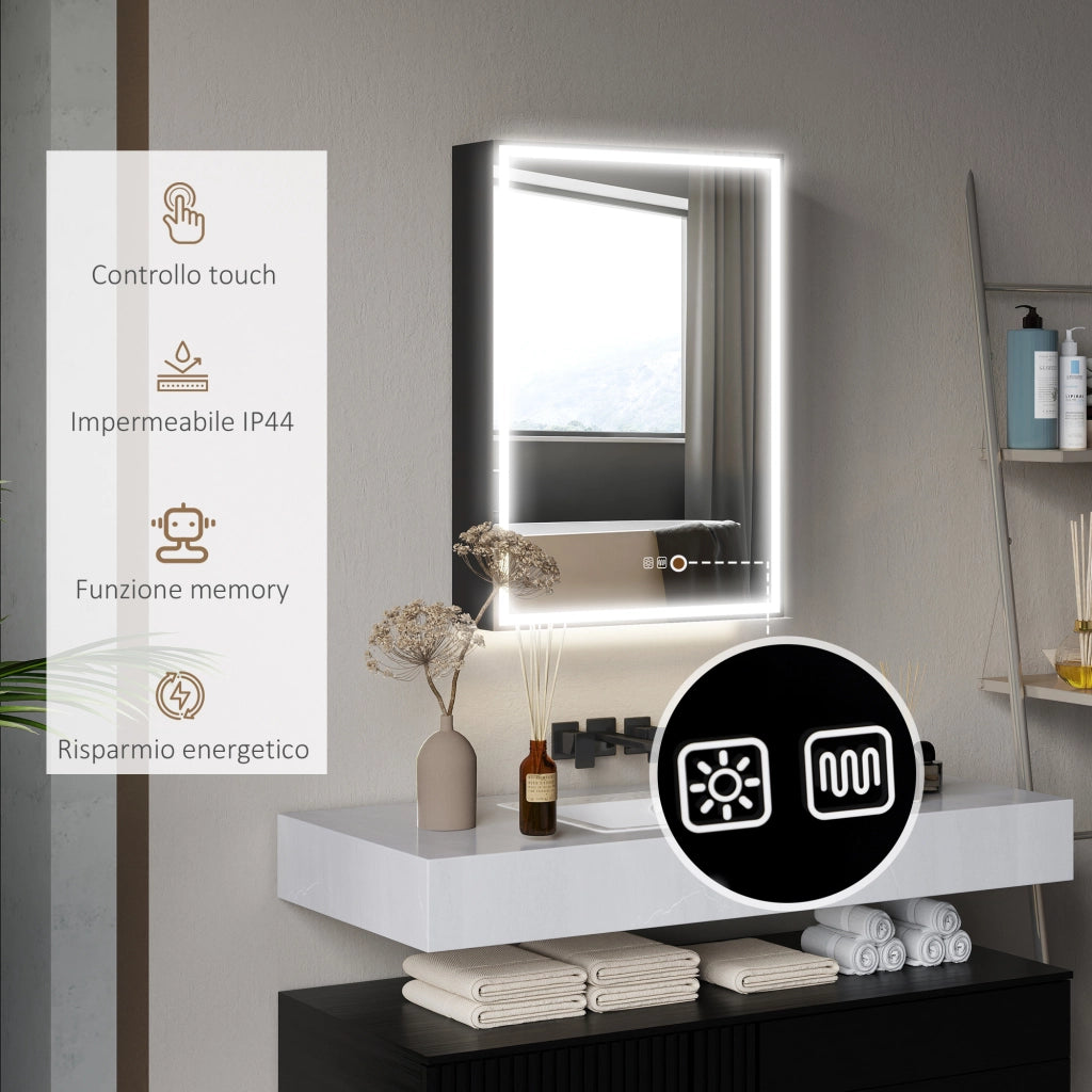 Armadietto da Bagno con Specchio Luci LED Regolabili e Funzione Anti-Appannamento in Alluminio Nero