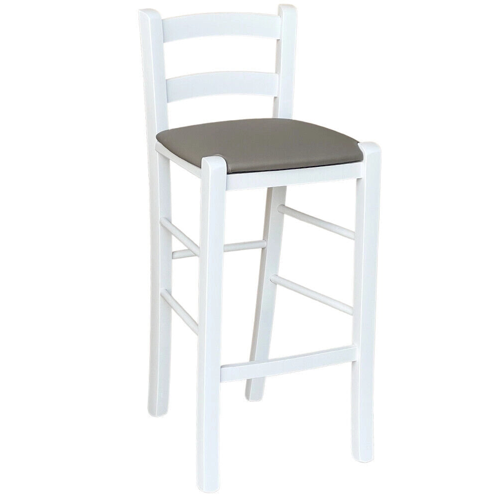 Sgabello legno bianco sedile in similpelle tortora h67 cm da terra alla seduta