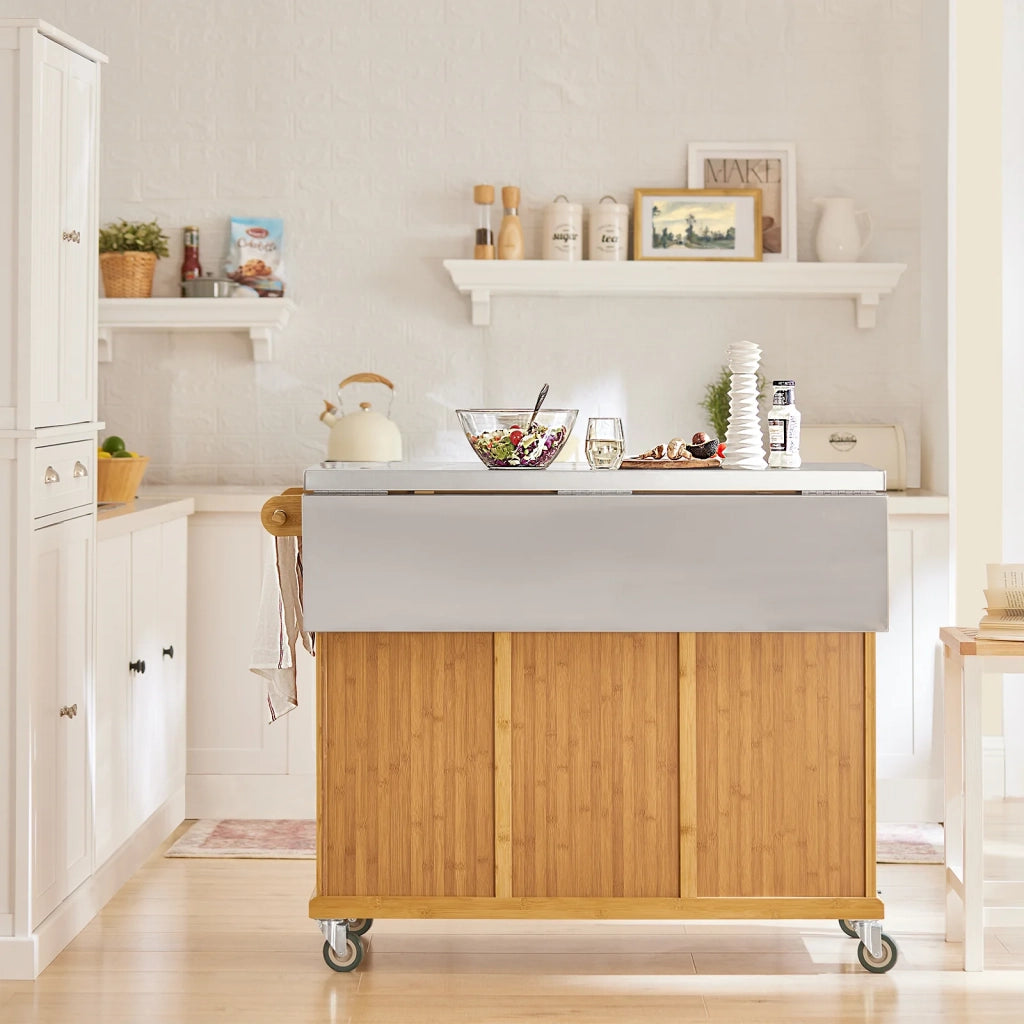 Carrello Cucina Credenza Legno Piano Lavoro Cucina Piano in Acciaio è allungabile FKW69-N