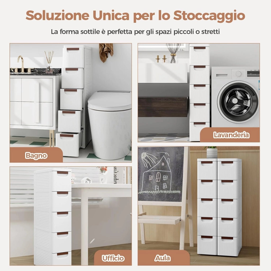 Mobile Bagno con 4 Cassetti, Mobiletto Bagno Salvaspazio con Ruote, Cassettiera in PP per Soggiorno, Bagno e Cucina, 42 x 19 x 74 cm