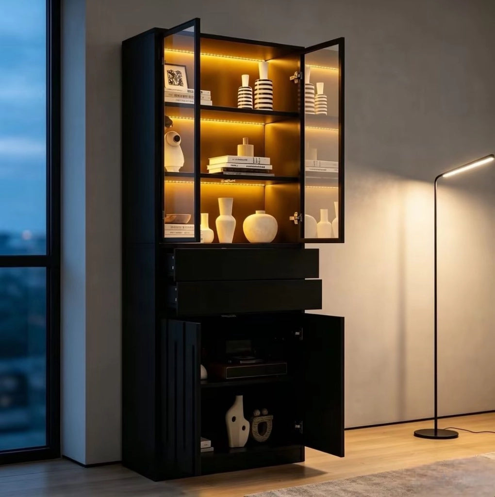 VETRINA LED 70x34x180 cm Nera con 2 Cassetti e Vetro Temperato