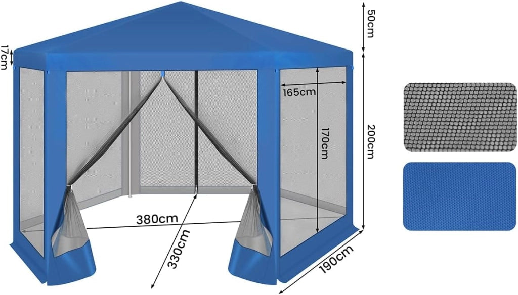 Gazebo da Esterni, Pergolato da Giardino, Gazebo Pieghevole e Impermeabile, con Pareti Laterali a Zanzariera, Esagonale, per Campeggio, Feste, 3,8x3,3m, Blu