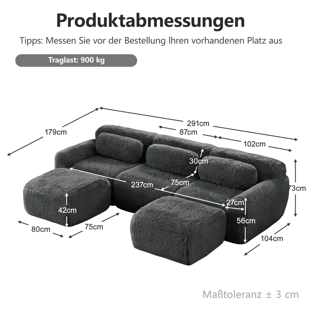 Divano modulare con pouf collegabile e base antiscivolo in peluche grigio