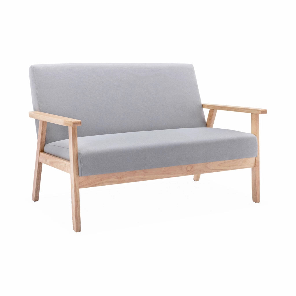 Divano stile scandinavo in legno e tessuto, 2 posti, grigio chiaro