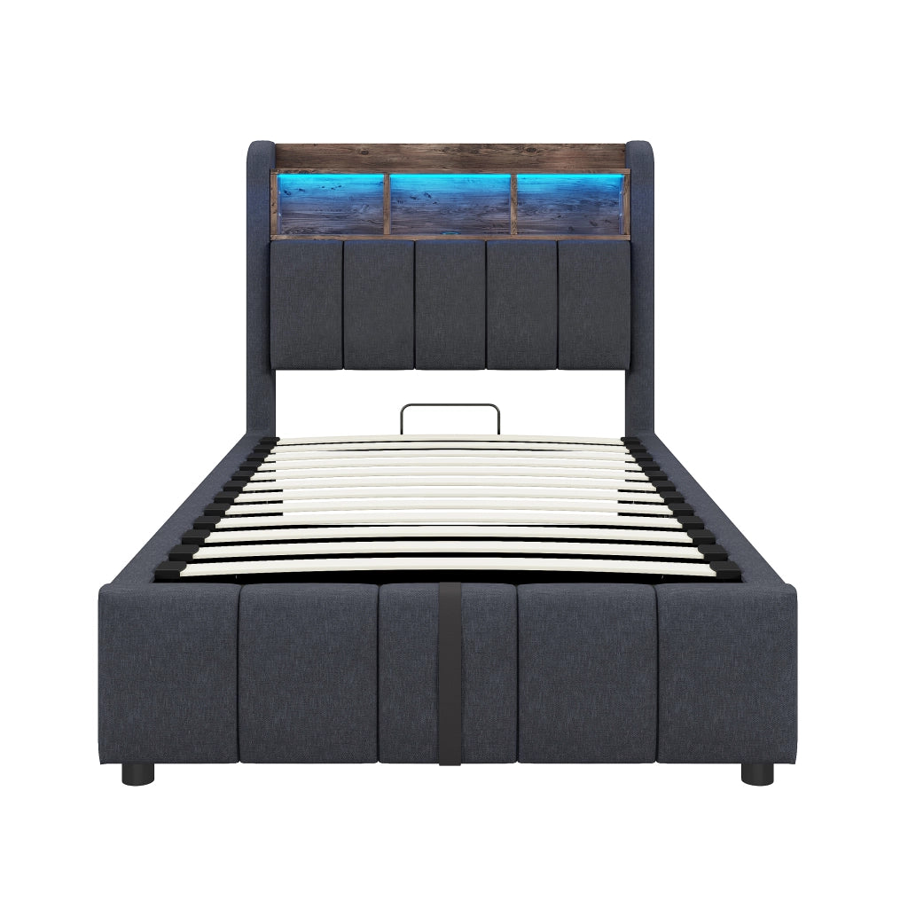 DESMIU Letto Imbottito 90 × 200 cm con LED, USB e Type-C, contenitore, senza materasso, grigio