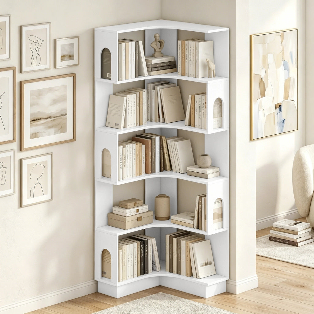 Libreria angolare a 6 ripiani con pannelli laterali arcuati ¨C Xylo ¨C Bianco 60x60x165,5 cm