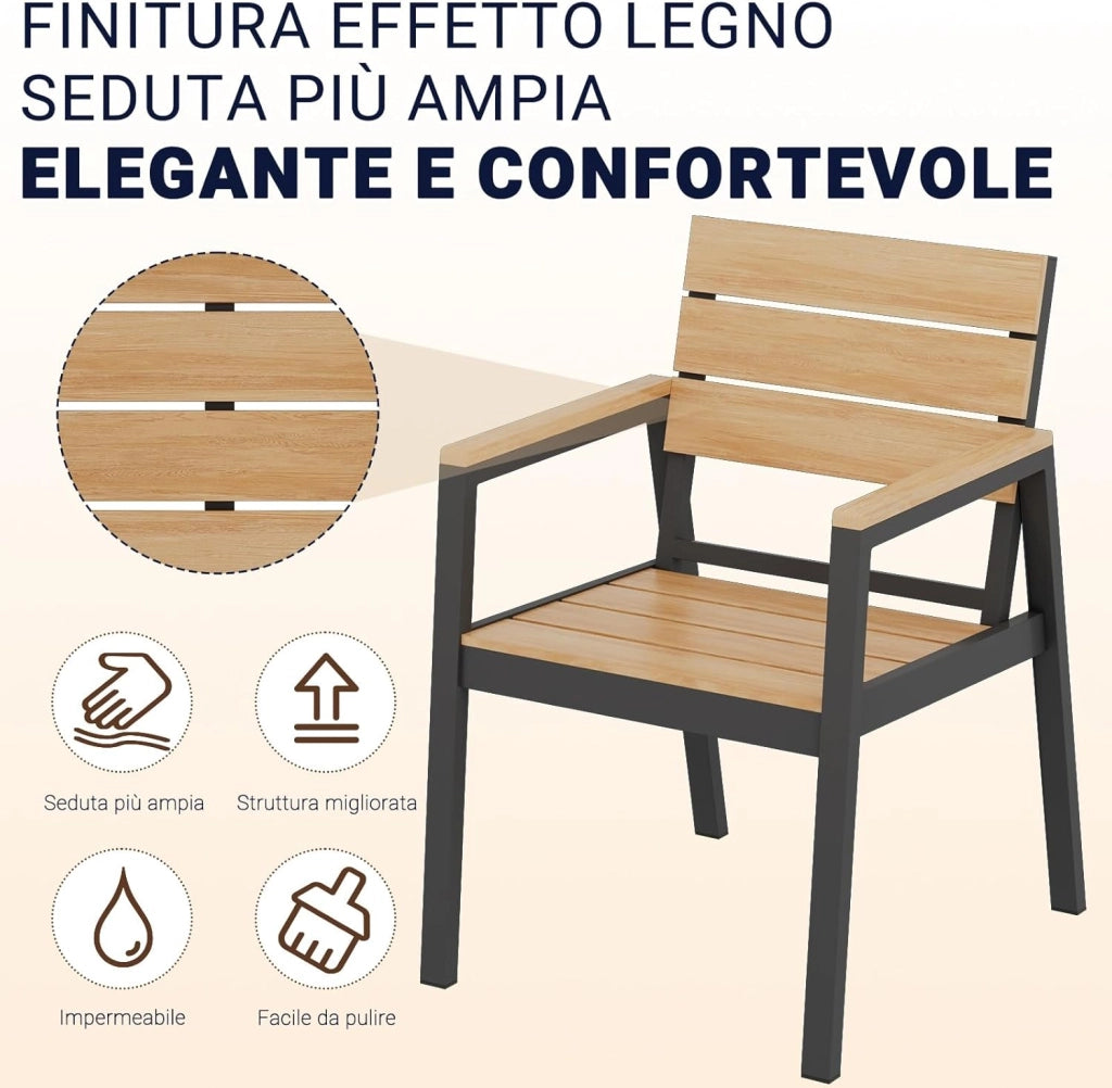 Sedie da Giardino Set di 4, Sedie da Esterno Alluminio Resistenti e Impermeabili con Finitura a Vena di Legno, Seduta di Dimensione Maggiorata che Supporta 160 kg, Facili da Pulire, Naturale