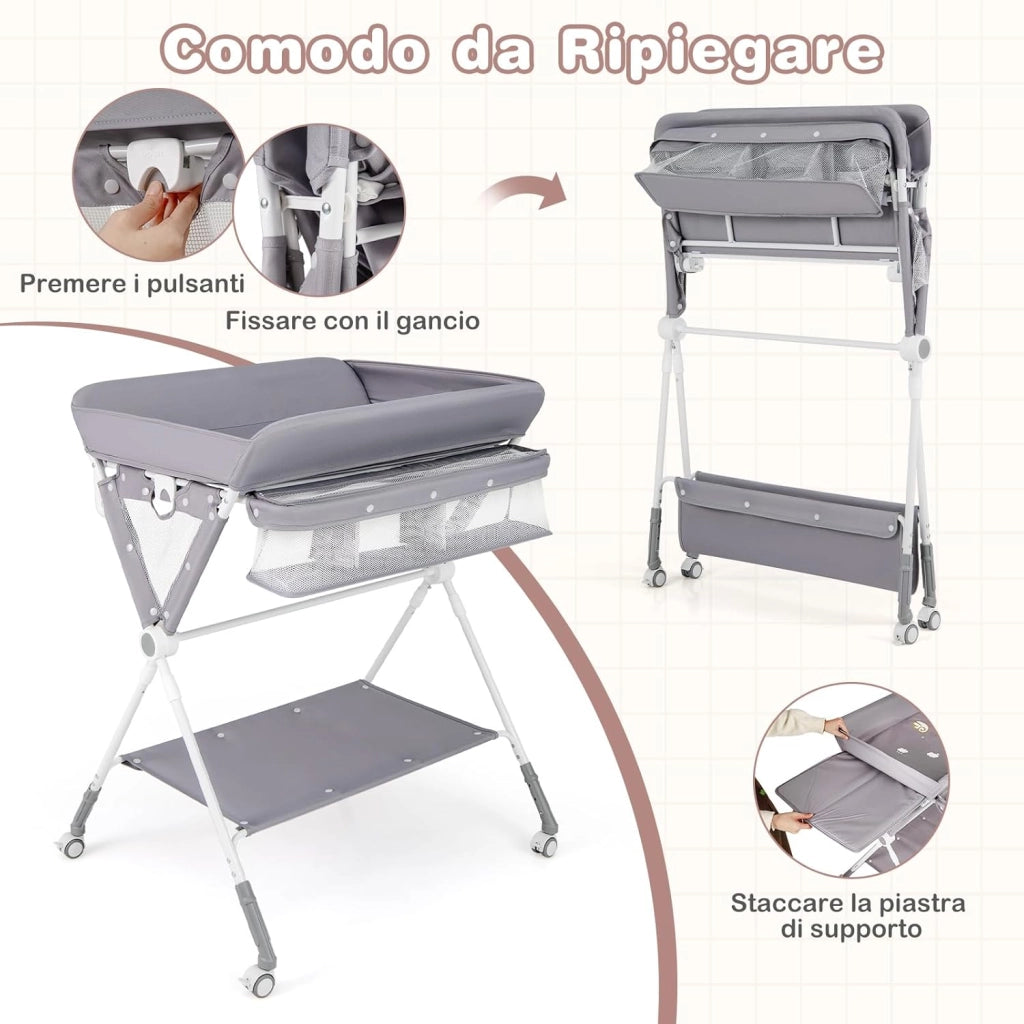 Fasciatoio Pieghevole per Bambini, Fasciatoio Portatile con Altezza Regolabile a 3 Livelli, Fasciatoio Neonato con Ruote di Bloccabili, Ripiano, Porta Asciugamani, per 0-12 Mesi (Grigio)