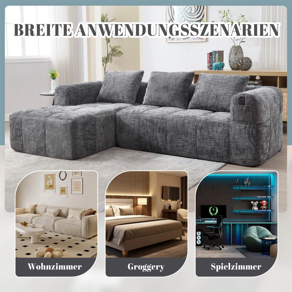 OKWISH Divano Angolare 3 Posti Modulare, con Chaise Longue, Tasche Laterali e 3 Cuscini, Ciniglia, Grigio