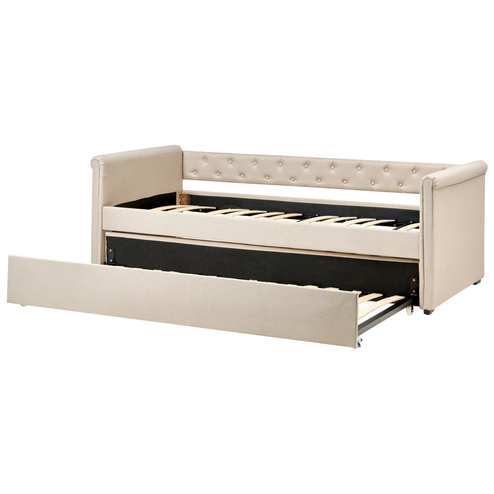 Divano Letto estraibile 90 x 200 cm Rivestimento in tessuto beige Taglia unica Sottoletto per ospiti abbottonato