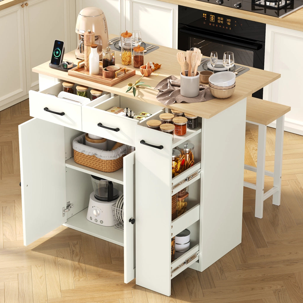 Mobile contenitore con ripiani regolabili; prese e USB per cucina e sala da pranzo in pannello truciolare 120×45-75×96 cm bianco