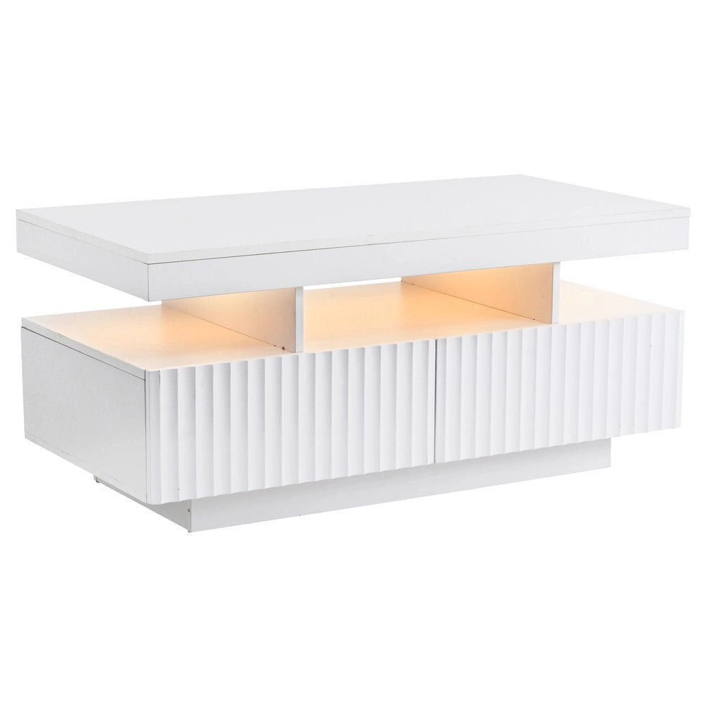 Tavolino da caff¨¨ con cassetti e LED ¨C Minimal ¨C Bianco legno effetto marmo 100x50x45