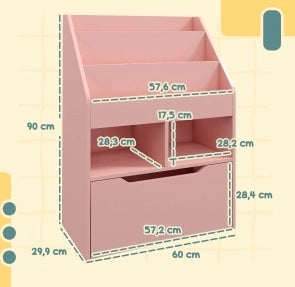 Libreria per bambini rosa con cassetto e ripiani 60 x 29,9 x 90 cm