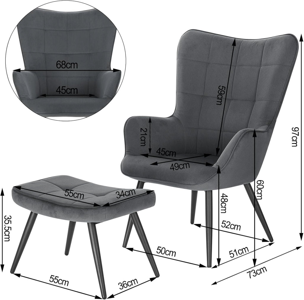 Poltrona Imbottita con Pouf Poggiapiedi Sedia Poltroncina Relax con Braccioli e Schienale Alto per Camera da Letto Salotto in Velluto, Grigio Scuro SKS28dgr