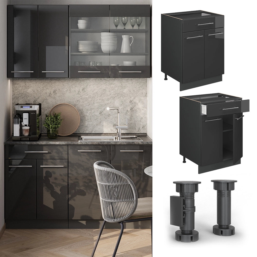 Vicco Mobiletto base per cucina Antracite lucido 60 cm con cassetto, senza piano di lavoro