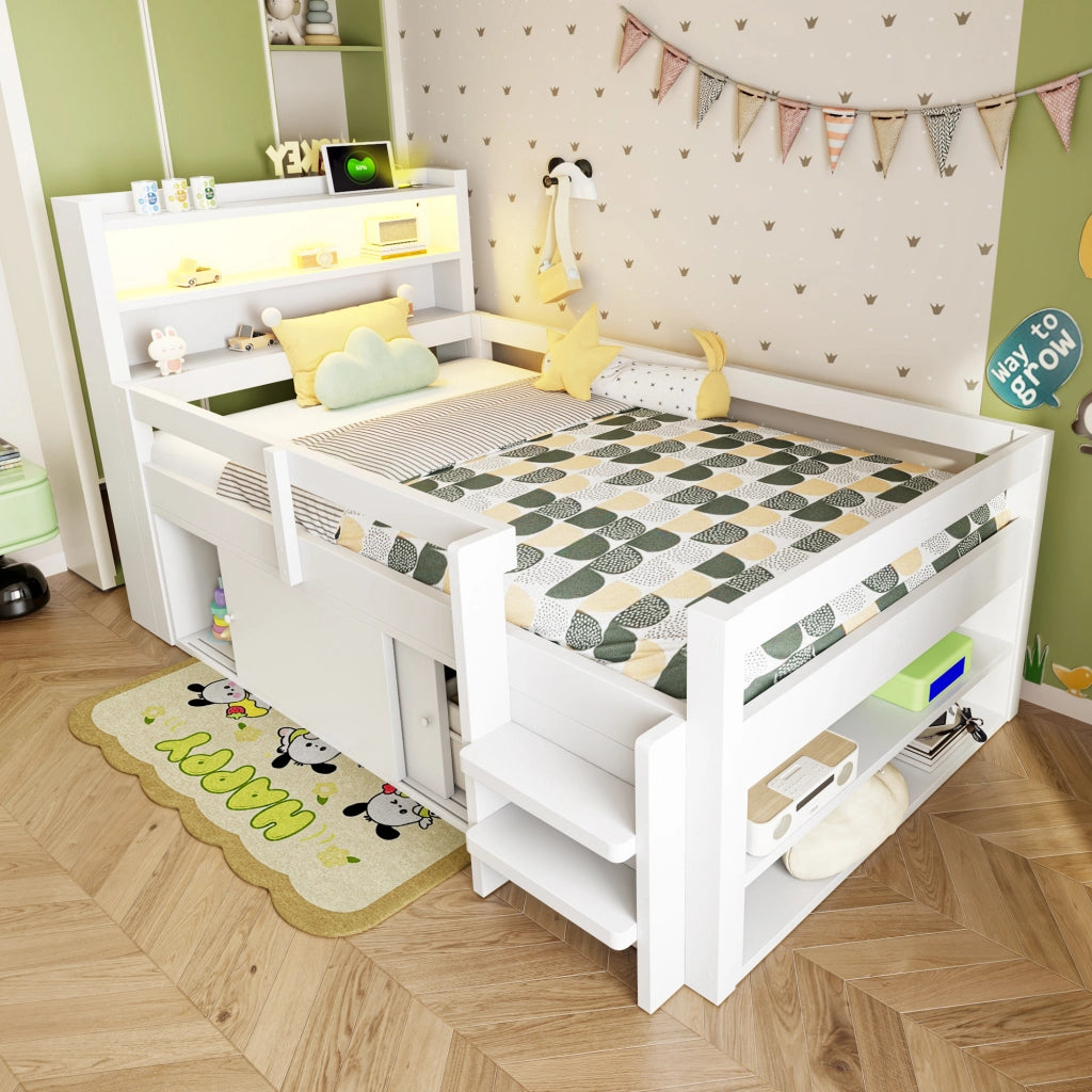 Letto a soppalco per bambini 90×200 cm con ripiani; vani contenitore; LED; USB; senza materasso