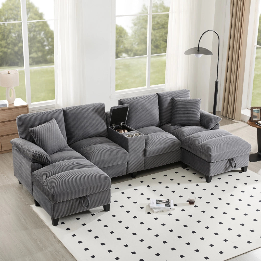Divano modulare a U con contenitore, USB e porta bicchieri, 4-5 posti, in tessuto effetto corduroy grigio