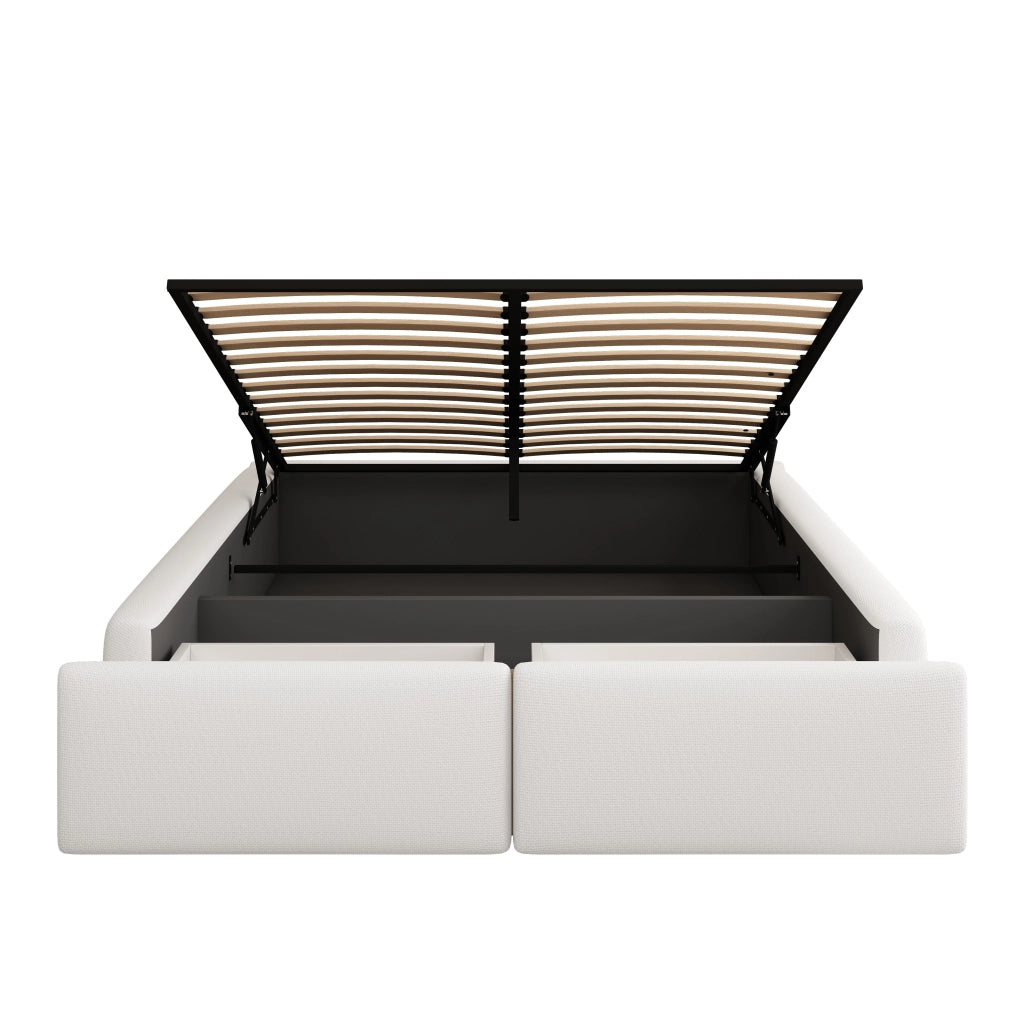 Letto imbottito 140x200 cm, matrimoniale, senza testiera, con contenitore, 2 cassetti, bianco