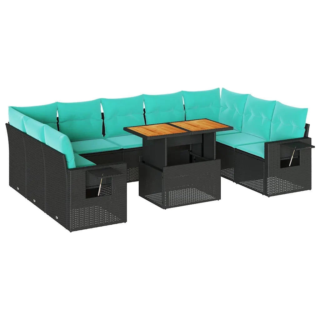Set Divani da Giardino 10pz con Cuscini in Polyrattan Nero