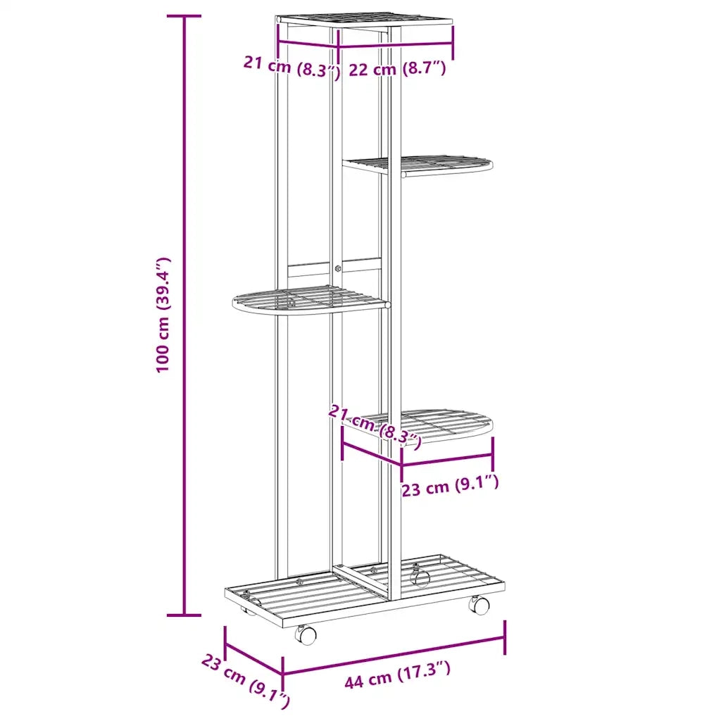 Fioriera a 5 Piani con Ruote-Vaso-Contenitore per Piante 44x23x100 cm Ferro Nero