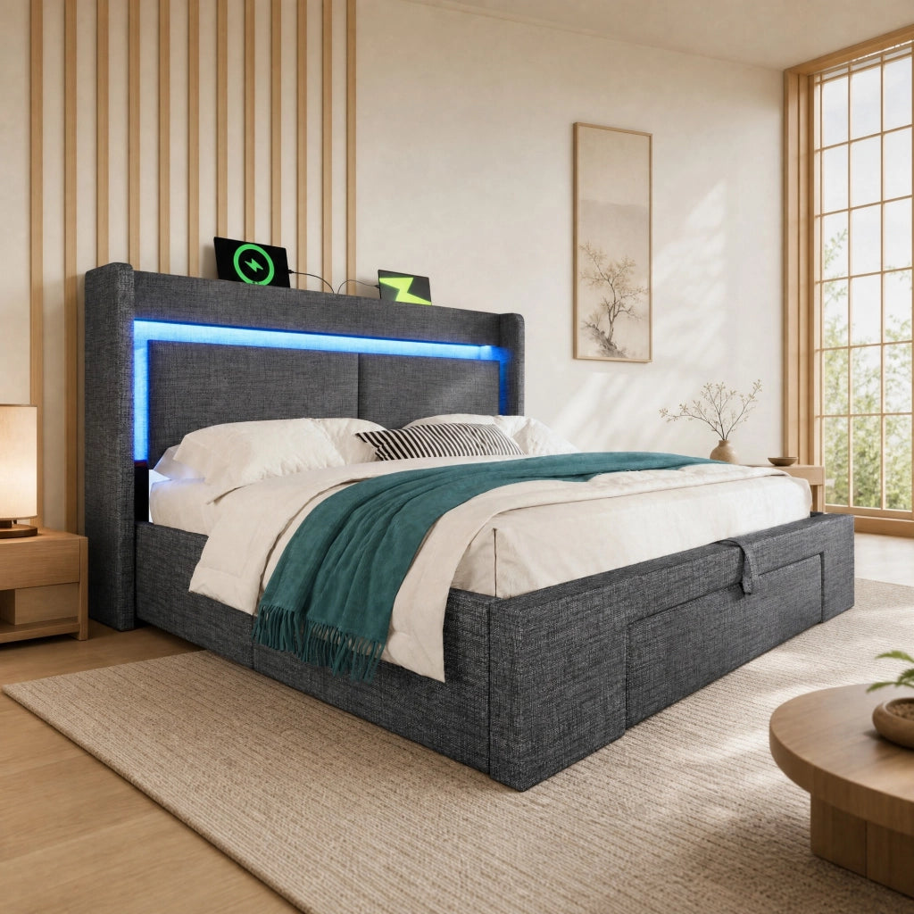 Letto imbottito 140x200 cm con contenitore idraulico, testiera con vano portaoggetti, LED e USB/USB-C, grigio