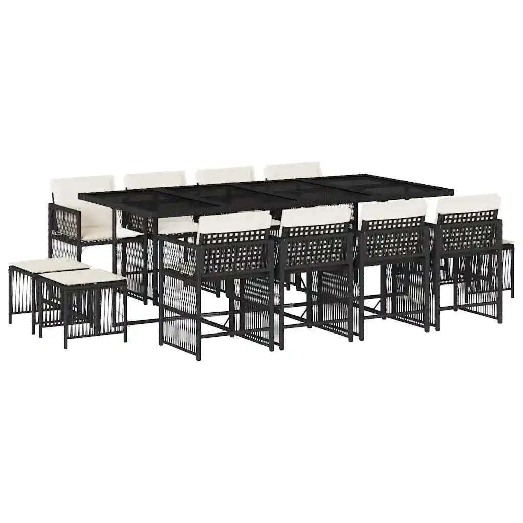 Set da Pranzo da Giardino 13pz con Cuscini Nero in Polyrattan