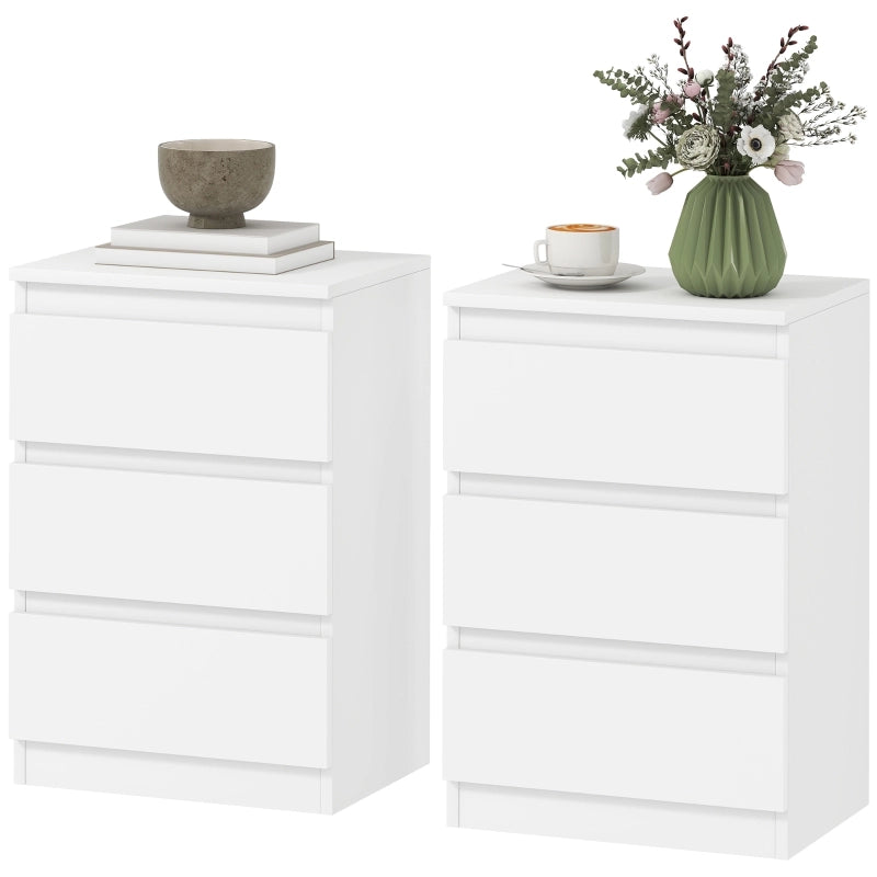 Set di 2 comodini moderni con 3 cassetti, struttura in MDF, finitura bianca, 40 x 30 x 59,5 cm