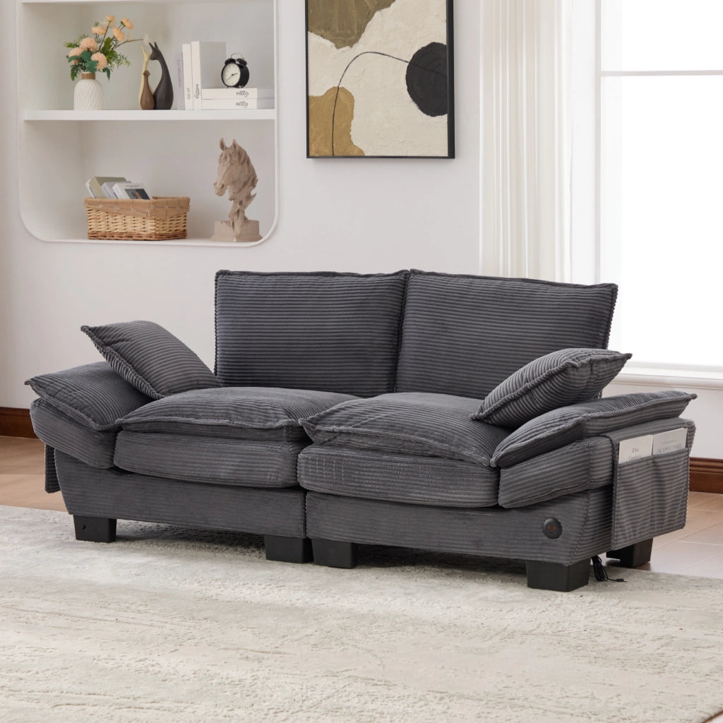 Divano 2 posti in tessuto corduroy grigio scuro; 190x73x84 cm; con porta USB-C e tasche laterali