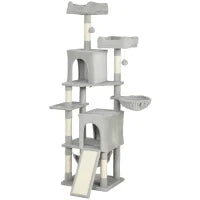 Albero Tiragraffi per Gatti con 2 Casette, 2 Lettini, Trespolo e 2 Palline, 48x40x177 cm, Grigio Chiaro e Beige