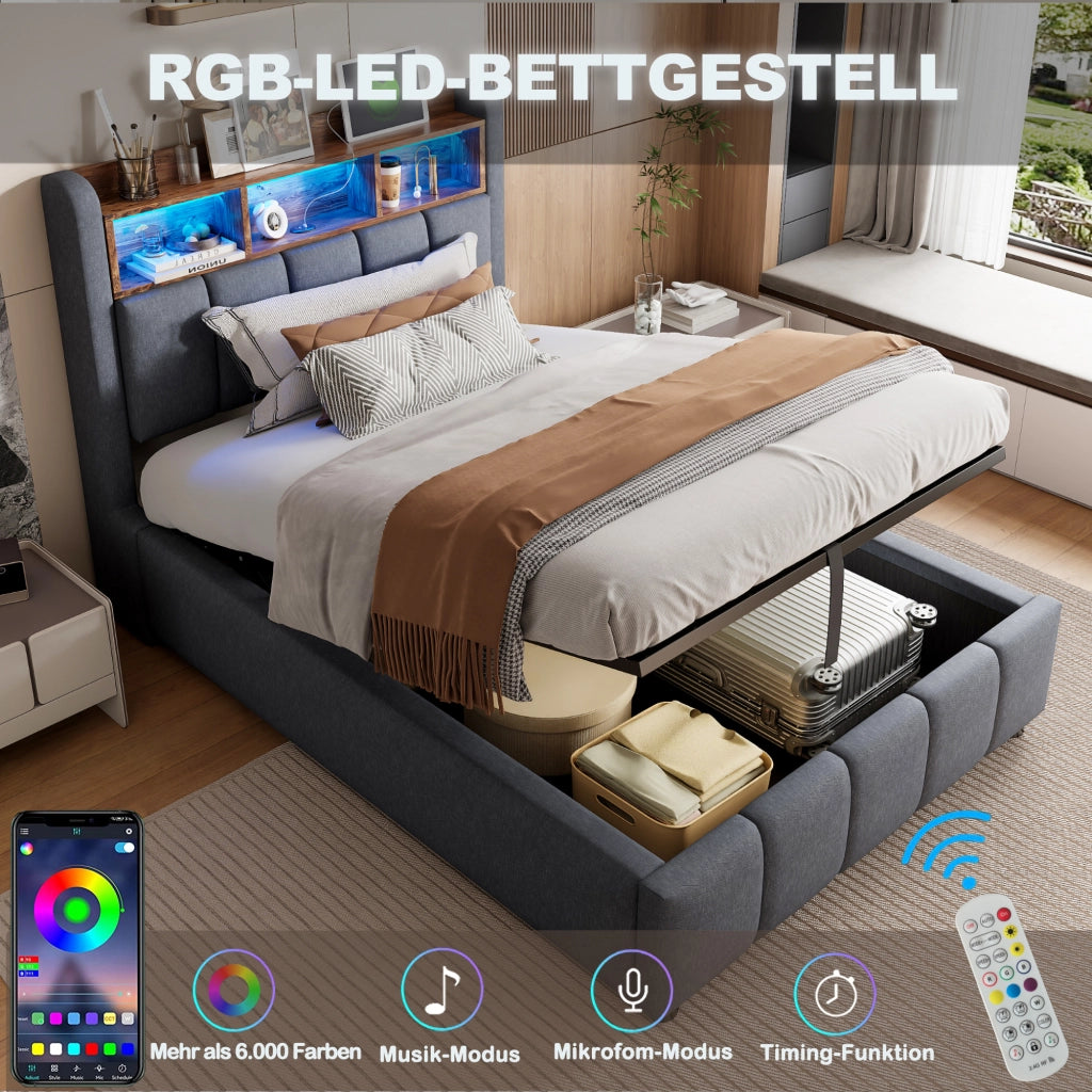DESMIU Letto Imbottito 90 × 200 cm con LED, USB e Type-C, contenitore, senza materasso, grigio